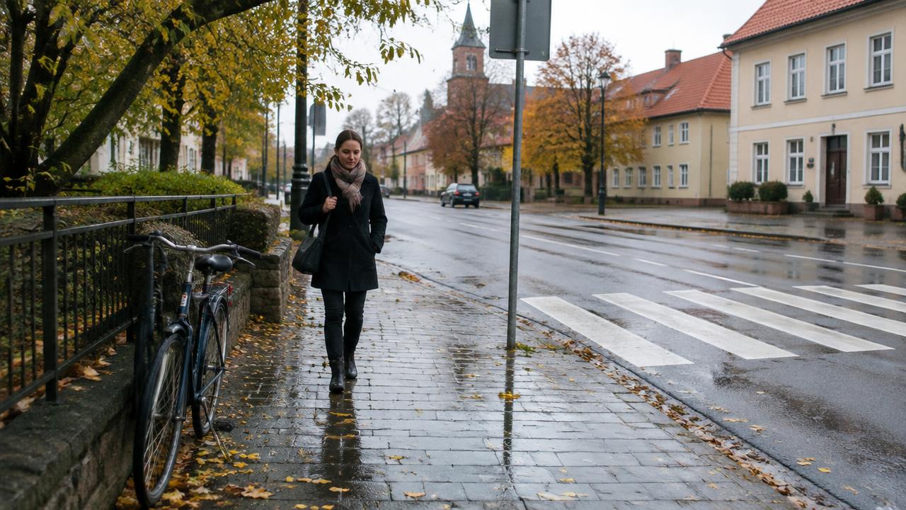 Pracownica idzie do pracy mokrym chodnikiem w jesienny poranek obok przejścia dla pieszych w małym mieście