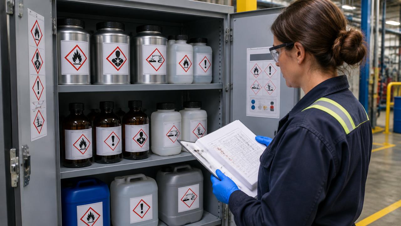 Specjalistka BHP w rękawicach nitrylowych sprawdza dokumentację przy szafie z chemikaliami oznaczonymi piktogramami zagrożeń