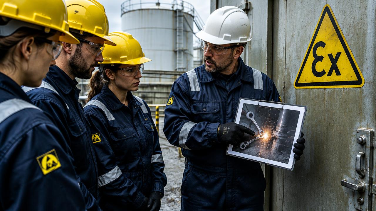 Szkolenie ATEX przy drzwiach magazynu rozpuszczalników ze znakiem Ex – trener pokazuje pracownikom zdjęcie iskry z nieiskrobezpiecznego narzędzia